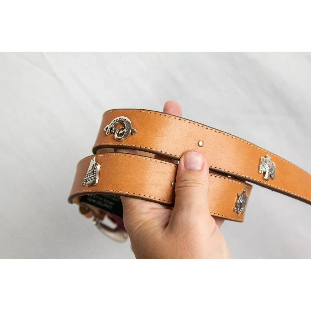 Brighton Tan Leather Southwestern Concho Belt XL Silver Wolf Eagle B60474 USA